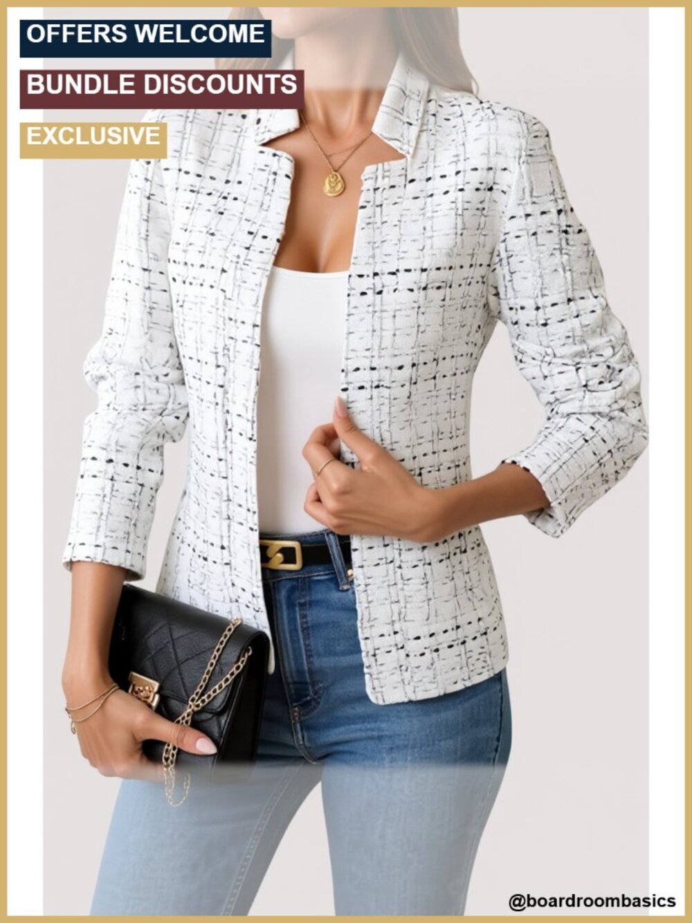 Tweed Open Front Blazer Long Sleeve Notch Collar Fully Lined Casual Business